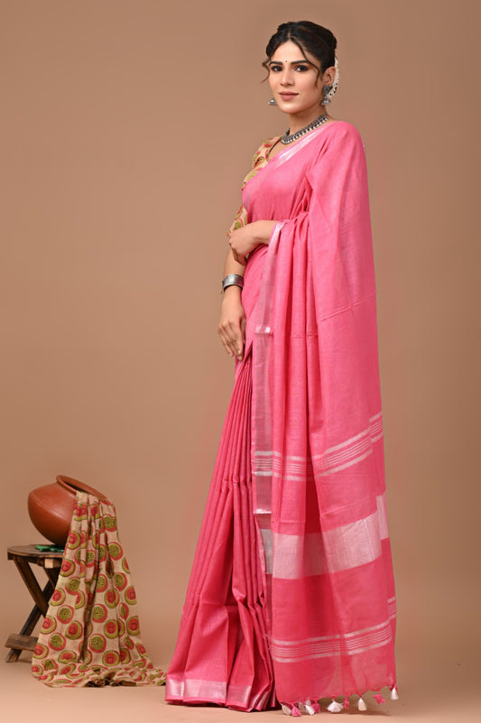 Pink Linen Cotton Solid Plain Saree with Blouse