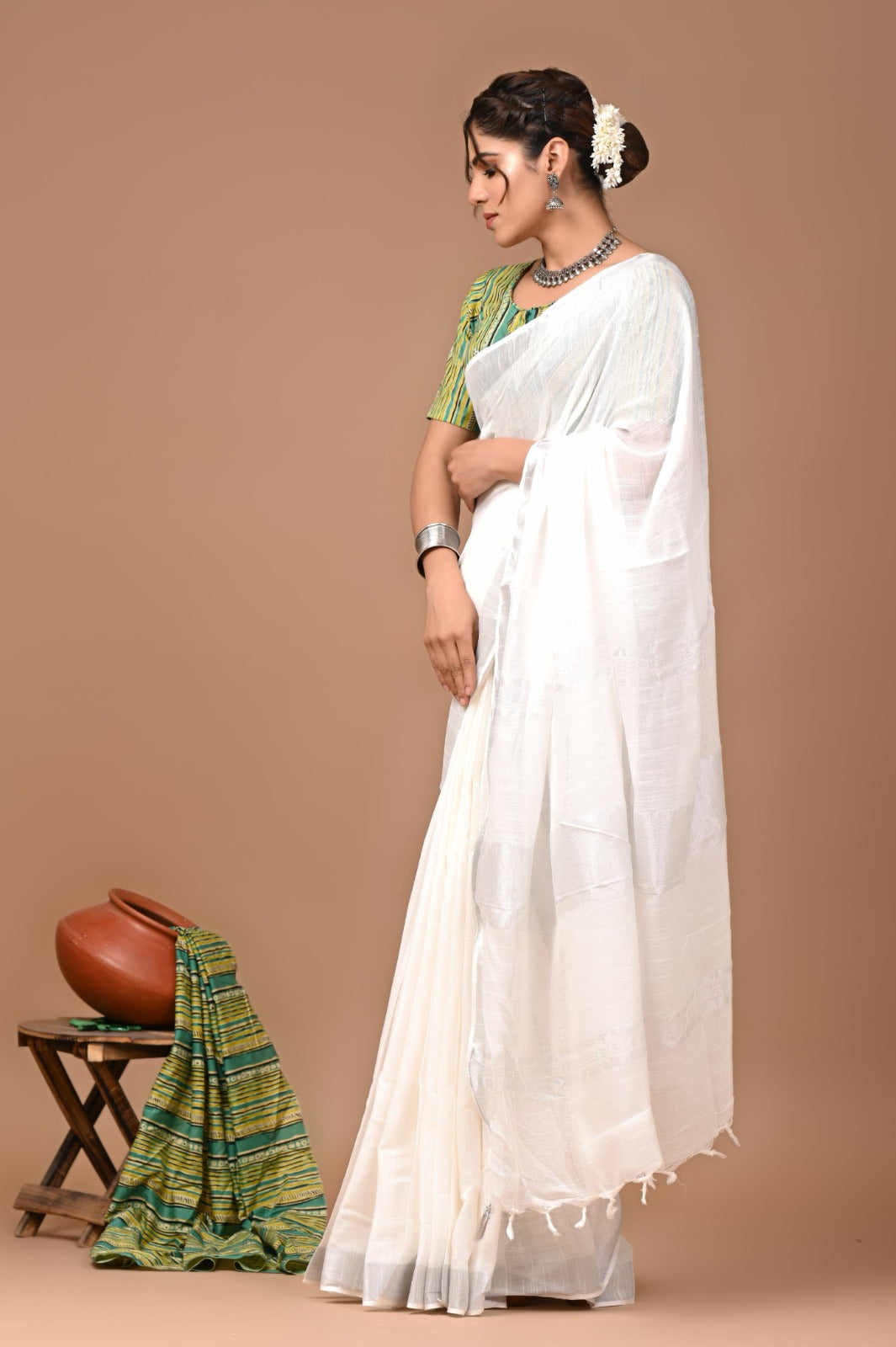 White Linen Cotton Solid Plain Saree with Blouse