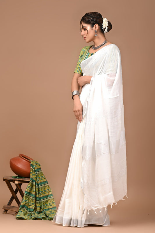 White Linen Cotton Solid Plain Saree with Blouse