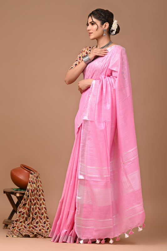 Light Pink Linen Cotton Solid Plain Saree with Blouse