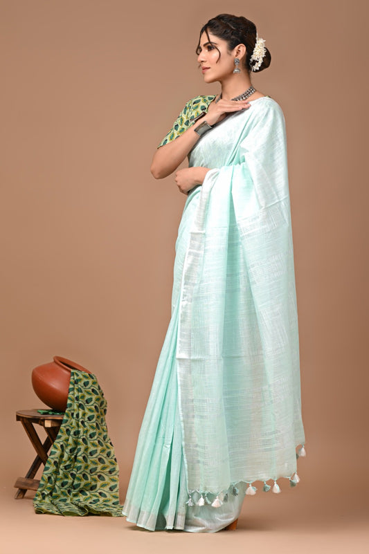 Light Sky Blue Linen Cotton Solid Plain Saree with Blouse