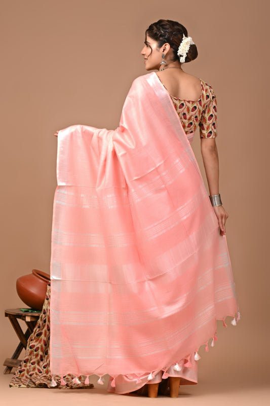 Peach Linen Cotton Solid Plain Saree with Blouse