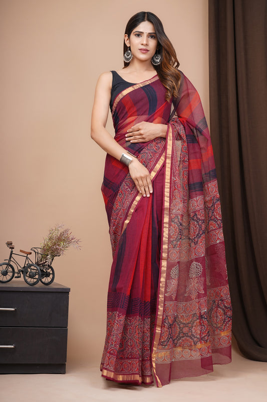 Maroon Floral Printed Kota Doria Handblock Saree