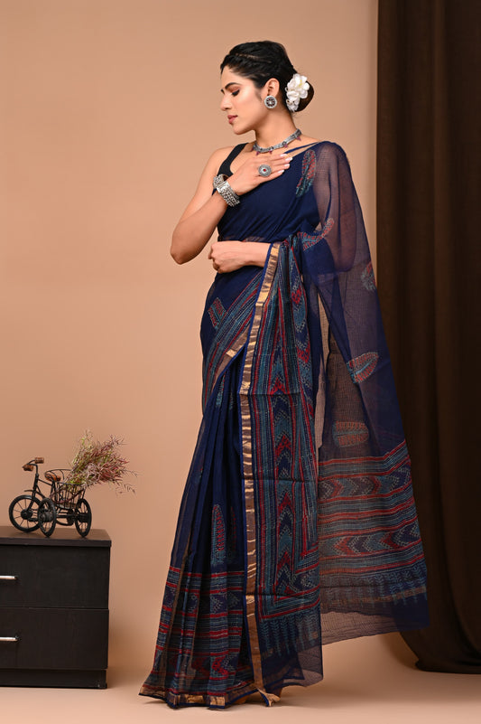 Blue Leaf Printed Kota Doria Handblock Printed Saree