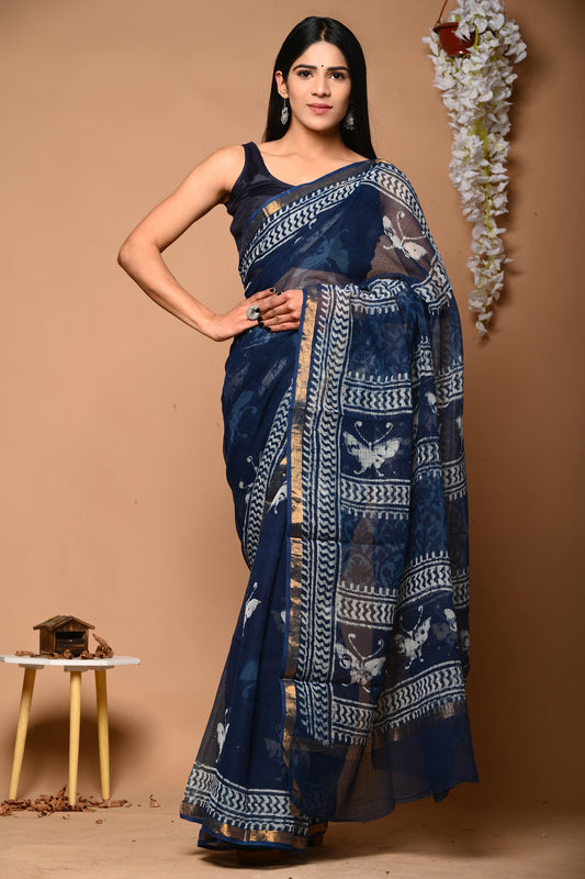 Blue Butterfly Printed Kota Doria Handblock Printed Saree