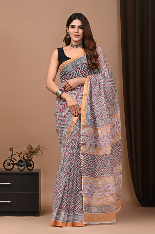 White & Red Zig Zag Printed Kota Doria Handblock Printed Saree