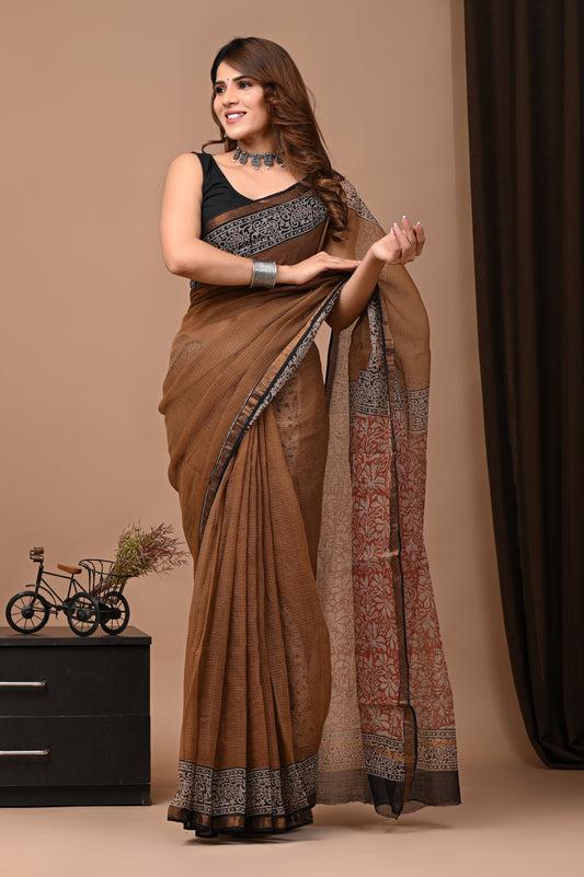 Brown Floral Printed Kota Doria Handblock Printed Saree