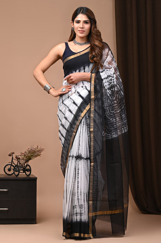 White & Black Abstract Printed Kota Doria Handblock Printed Saree