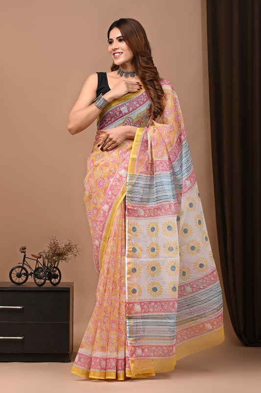 Yellow Floral Printed Kota Doria Handblock Saree