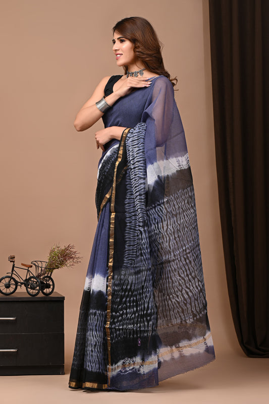 Gray Abstract Printed Kota Doria Handblock Saree