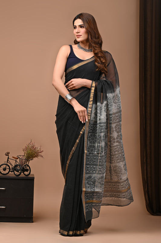 Black Printed Kota Doria Handblock Saree