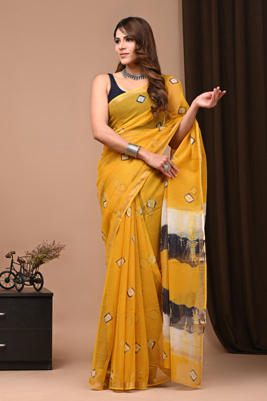 Yellow Abstract Printed Kota Doria Handblock Saree