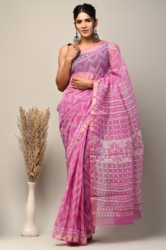 Pink Floral Printed Kota Doria Handblock Saree