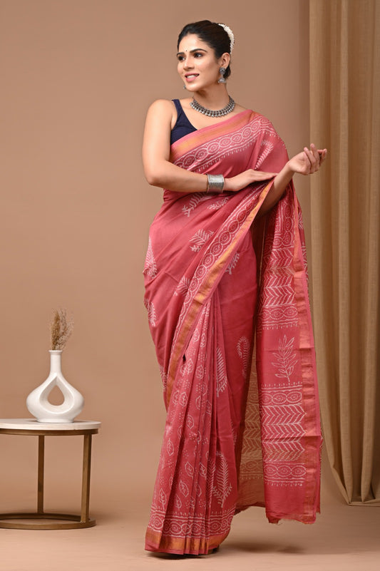 Pink Floral Printed Maheshwari Silk Handblock Saree
