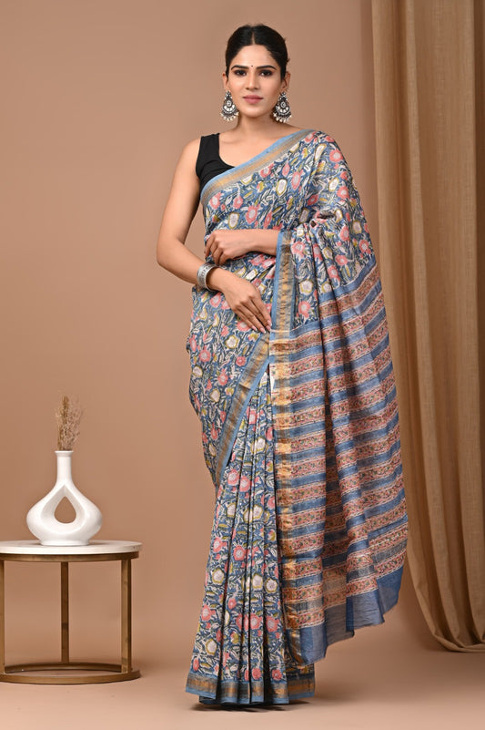 Multicolor Floral Printed Maheshwari Silk Handblock Saree