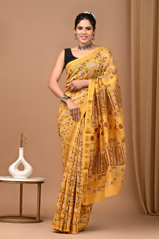 Yellow Floral Printed Maheshwari Silk Handblock Saree